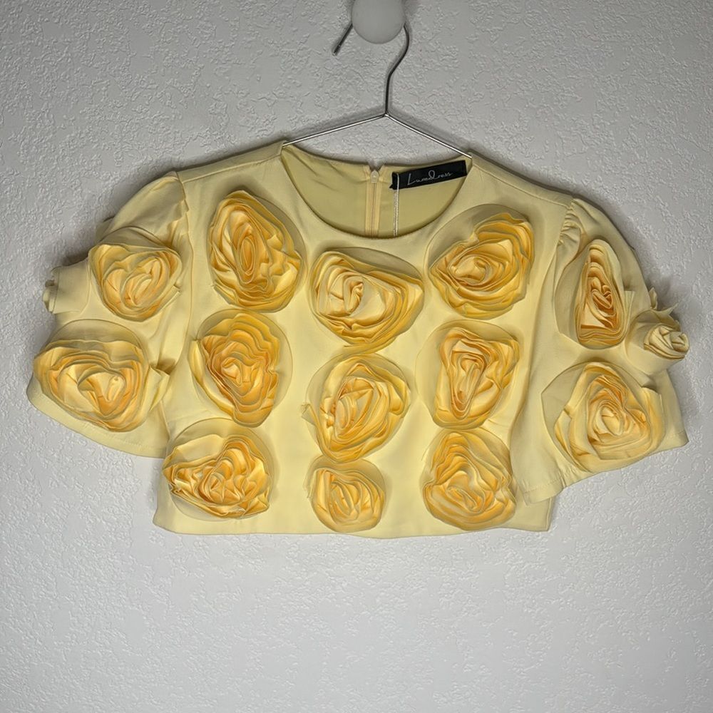 NWT Luxe Dress Rose-appliqué Cropped Top / Skirt Set In Gelb Yellow Large - Picture 2 of 16